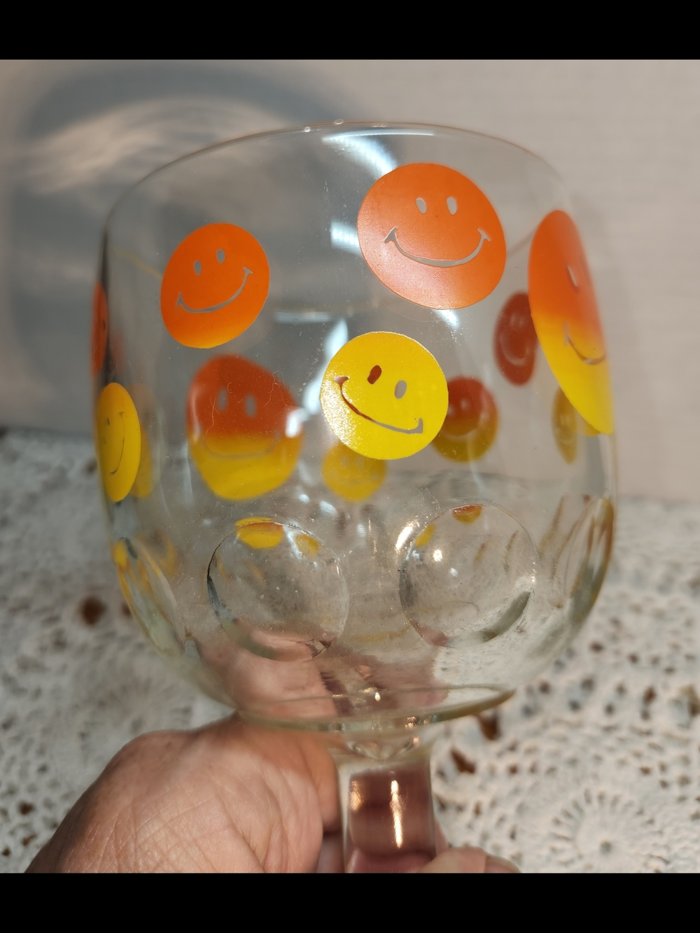 Smiley Face Goblet Glass - Yellow & Orange Smiley Face Dots Mid Century